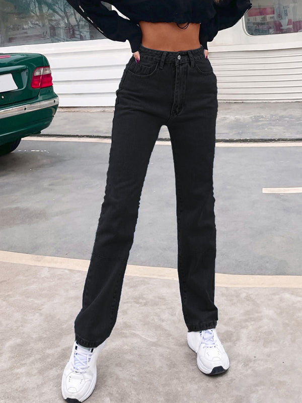 Women's high waist all-match denim straight-leg trousers