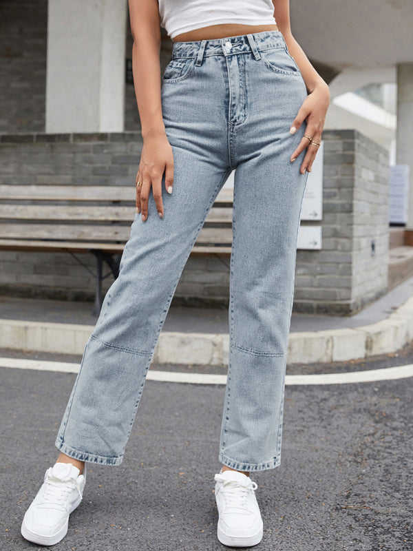 Women's high waist all-match denim straight-leg trousers